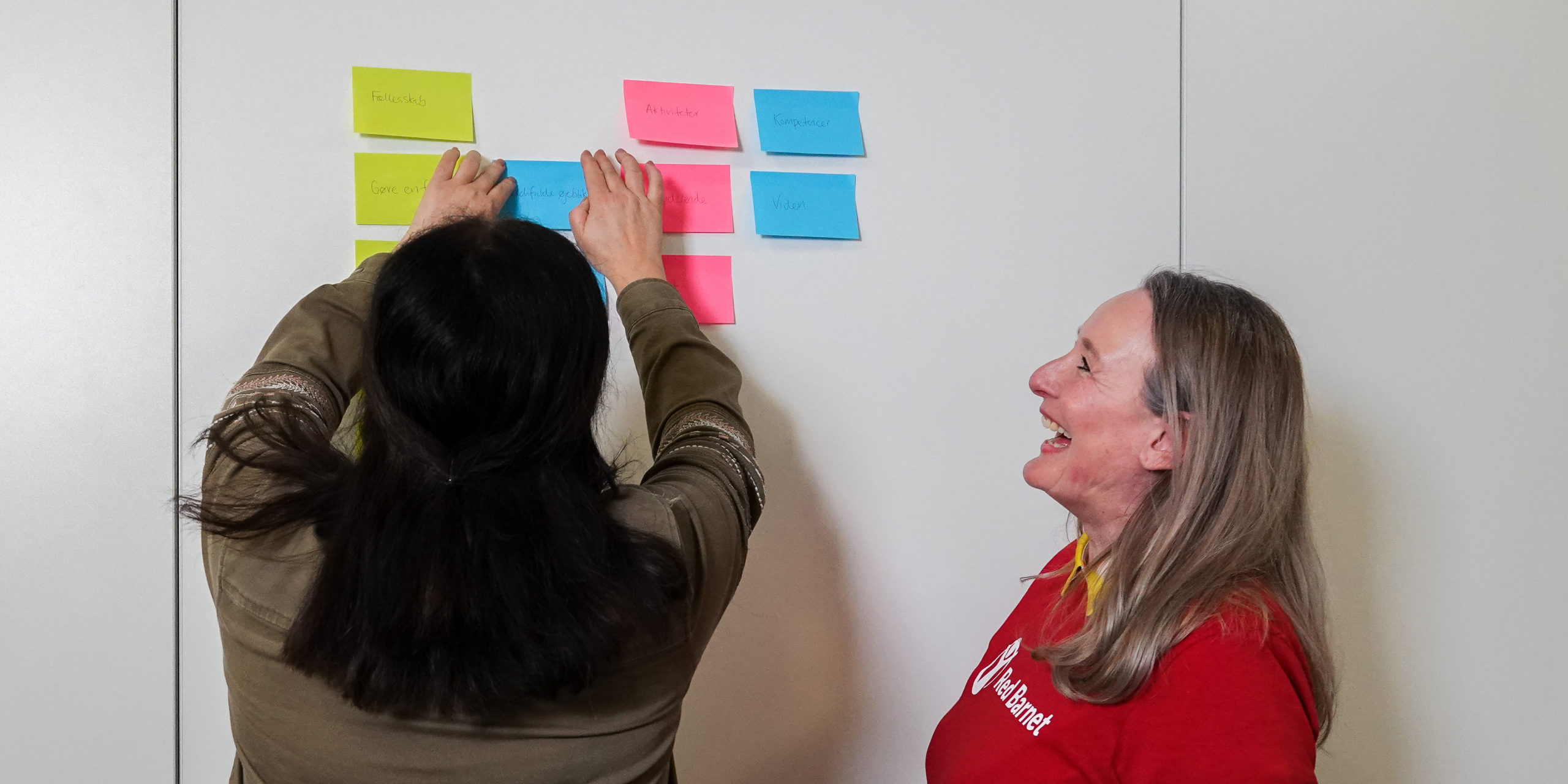 To personer kigger på postits på en væg